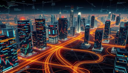 Futuristic Cityscape with Data and Network Connections.