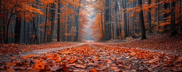 Wall Mural - Forest trail with a canopy of autumn leaves