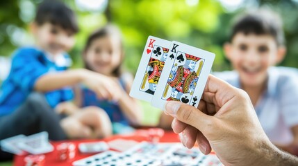 Close-up of hand holding two kings while playing card game outdoors with friends on a sunny day. Fun, leisure, and entertainment.