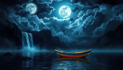 Poster - Moonlit Lake with Boat.