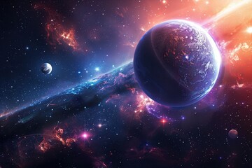 Canvas Print - Glowing blue and purple planet with a moon in the vastness of space.