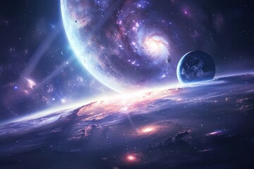Canvas Print - Breathtaking view of a distant exoplanet with a starry night sky and a colorful nebula in the background.