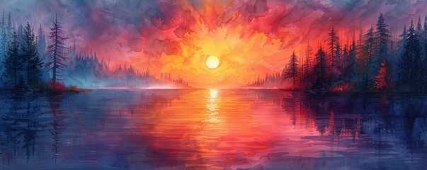 A painting of a sunset over a lake with trees in the background