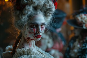 A portrait of an undead zombie wearing an elaborate Marie Antoinette with white makeup and red blood on her face, wearing the same dress as in The nightmare before Christmas, orange background