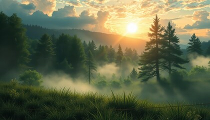 Wall Mural - Misty Forest Sunset.