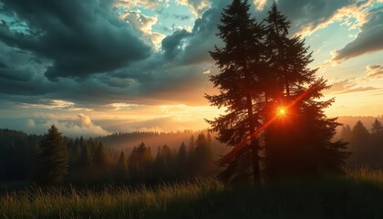 Wall Mural - Sunset over a Foggy Forest.