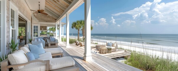 Beach house with a wraparound porch and ocean view.