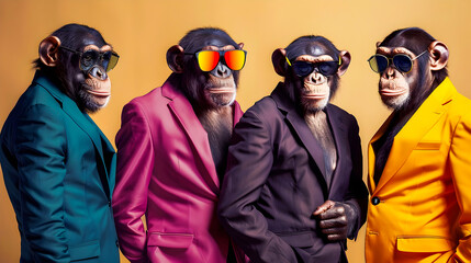 fashionable portrait of a stylish anthropomorphic chimpanzee rock band dressed in vibrant suits and 