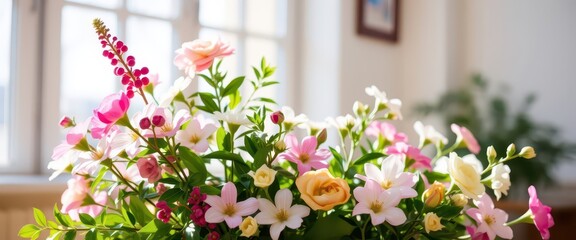 Wall Mural - Close-up of colorful bouquet in front of a window.