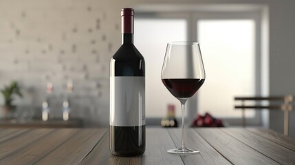 Wall Mural - A still life image of a bottle of wine and a glass on a wooden table