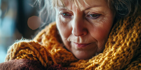 Eyes on the Needle: A middle-aged woman diligently knitting a cozy winter scarf.