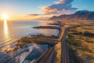 A beautiful sunset along the scenic road by the Icelandic coastline, with mountains in the background