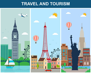 Wall Mural - Travel composition with famous world landmarks. Travel and Tourism. Concept website template. Vector. Modern flat design.