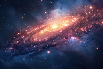 Wall Mural - Glowing spiral galaxy with bright center and colorful glowing dust and stars in deep space.