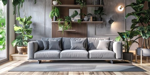 Wall Mural - A cozy living room with a gray couch and some potted plants