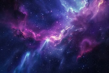 Canvas Print - Colorful and vivid representation of a nebula in deep space with bright stars and dust formations.