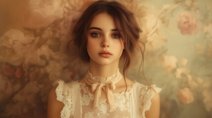 portrait of a young woman with flowers in the background