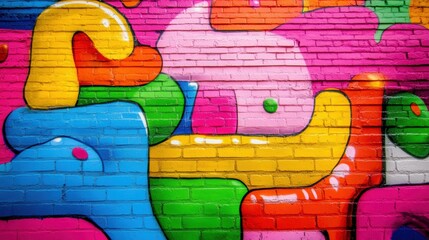 A bright and artistic display of colorful graffiti adorns an urban brick wall in a bustling city