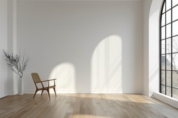 Poster - A minimalist setting with a chair and a vase on a table, ideal for use in interior design or lifestyle contexts