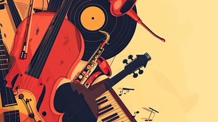 Music background with colorful music instruments and vinyl record disc vector illustration. Music festival poster with, generative ai