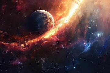 Wall Mural - Glowing planet in the fiery nebula