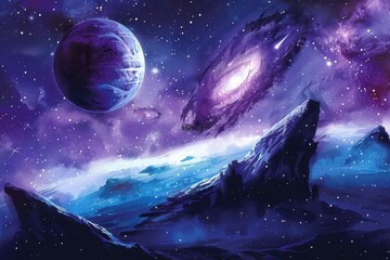 purple nebula and glowing planet