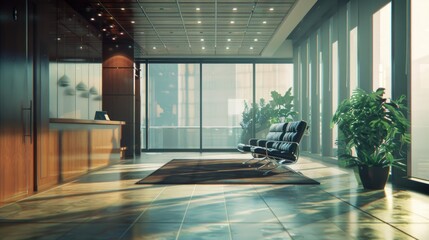 Wall Mural - A modern lobby with a single chair and a potted plant, ideal for offices or homes