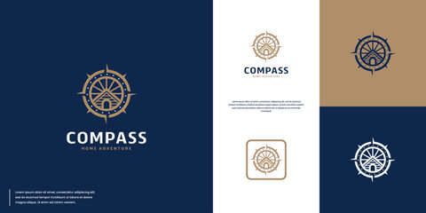 compass and house minimalist logo, directions logo, property map, logo vector template.
