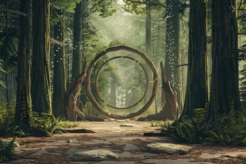 A winding path through dense forest trees