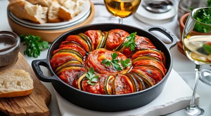 Sticker - Traditional French food Ratatouille. The dish features a colorful arrangement of sliced vegetables, including tomatoes, zucchini, and eggplant, baked in a cast-iron pan with fresh herbs.