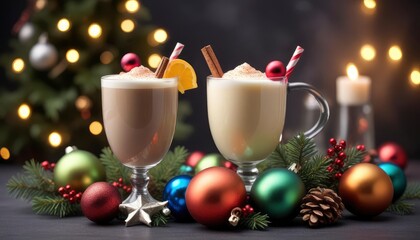 dark Christmas decoration background including an arrangement of colorful ornaments and a glass of eggnog, with a blurred background and clear copy space, ai