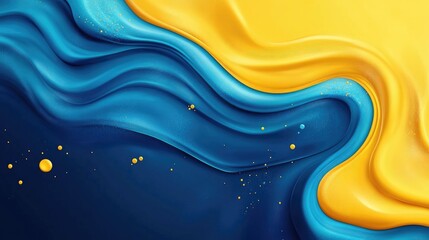 Wall Mural - Abstract Blue and Yellow Liquid Swirls with Gold Dots