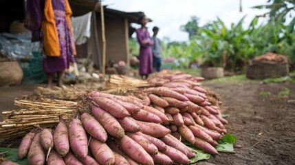 Wall Mural - Freshly Harvested Purple Yam Roots in a Rural Market