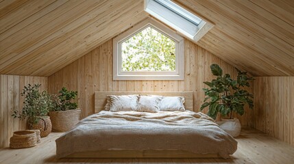 Wall Mural - a bedroom with wooden walls and a large bed