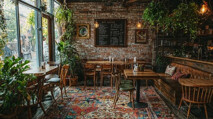 Poster - a restaurant with lots of tables and chairs