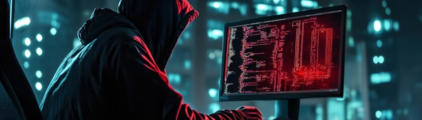 Hacker in a dark room with a hood on performing a cyber attack at night, reflected in computer monitor with code.