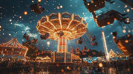 Poster - a merry go round ride at a carnival at night