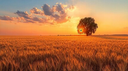 a lone tree in a wheat field at sunset