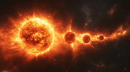 A stunning cosmic scene depicting a vibrant sun surrounded by glowing planets in a dark space environment.