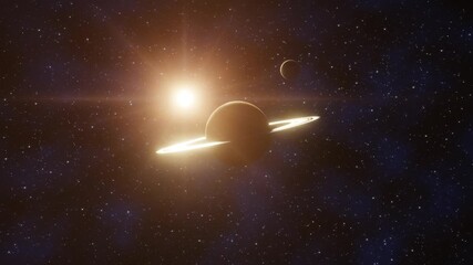 Wall Mural - approaching to a ringed planet in the middle of the cosmos. fantasy and science fiction scene. 3d re
