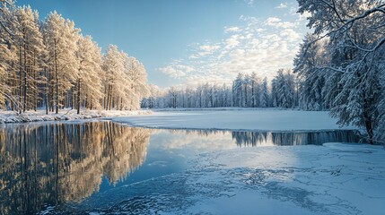 Canvas Print - a lake surrounded by trees covered in snow