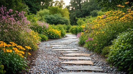 Canvas Print - a stone path surrounded by flowers and greenery