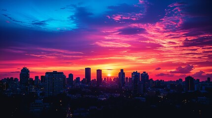 Wall Mural - the sun is setting over a city with tall buildings