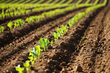 close-up of young green plants growing in neatly lined rows on a cultivated farm field, symbolizing 