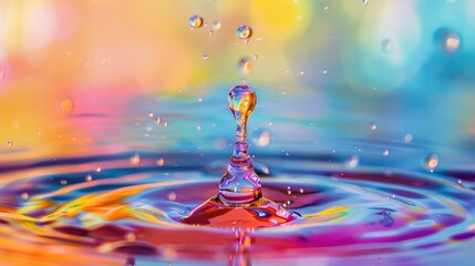 A single water drop creates a colorful ripple effect in a still body of water.