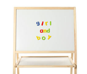 Poster - Words Girl and Boy made of magnetic letters on board against white background. Learning alphabet