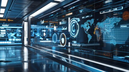 Futuristic Interior with Digital World Map Display
