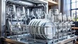 © Adisorn - Sparkling clean dishes, silverware, and glasses arranged neatly in a modern dishwasher rack, fresh from a completed washing cycle, emitting a sense of convenience and cleanliness.