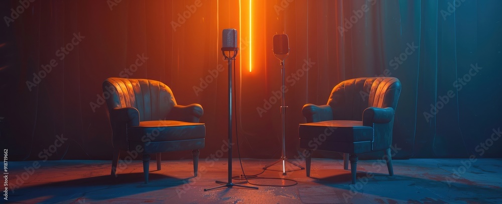 two chairs and microphone in the middle, dark blue background, orange ...