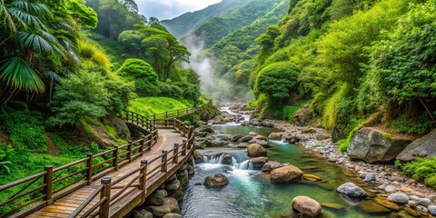 Scenic Ziming Creek Trail in Yangmingshan National Park features lush greenery, rugged terrain, and a secluded natural hot spring, perfect for a serene hike.